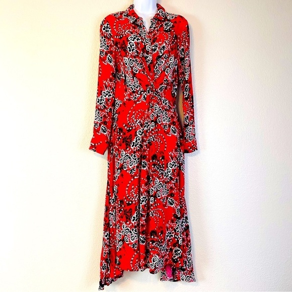 Free People Tough Love Red Poppy Floral Shirt Dress Size 6 - Picture 2 of 9